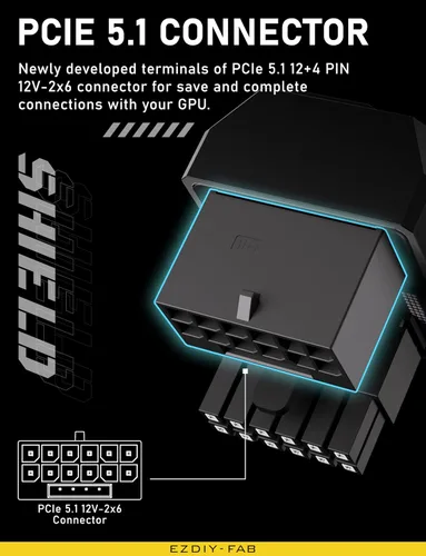 Vista 6 de EZDIY-FAB Adaptador PCIe 5.1 – 600 W 12+4 pines, conector de alimentación de GPU de 16 pines 12VHPWR, adaptador de GPU de 12 V-2x6, ángulo recto