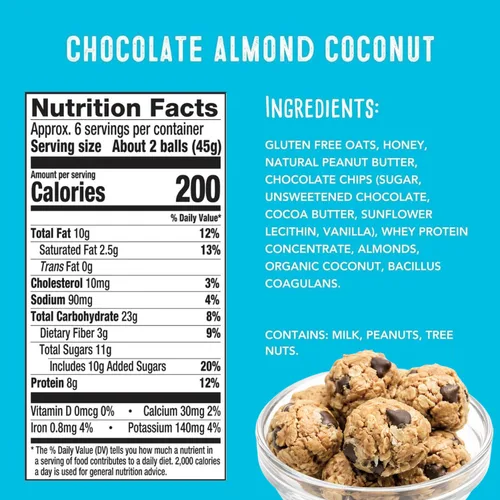 Vista 2 de simplyFUEL - Bolas de proteína de alimentos integrales con probióticos, bocadillos de chocolate y almendras y coco, 0.28 oz de proteína, bolas