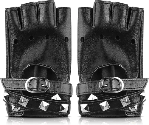 Vista 2 de Accmor Guantes de cuero punk, guantes sin dedos para mujeres, conducción, ciclismo, deportes, cosplay, rendimiento, guantes de medio dedo