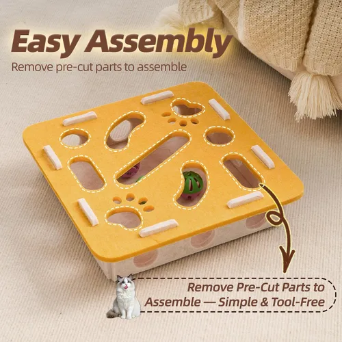 Vista 4 de Juguete interactivo de rompecabezas para gatos, caja de laberinto de fieltro con 3 bolas de cascabel para gatos de interior, estimulación mental