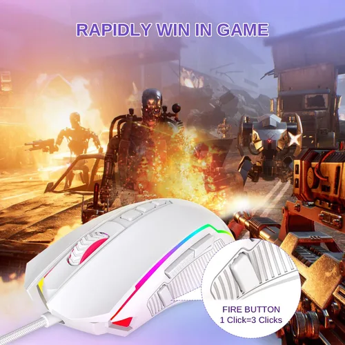 Vista 4 de Redragon Ratón para juegos, mouse blanco con cable con retroiluminación RGB, 8000 DPI ajustable, ratones para juegos de PC con 9 botones macro
