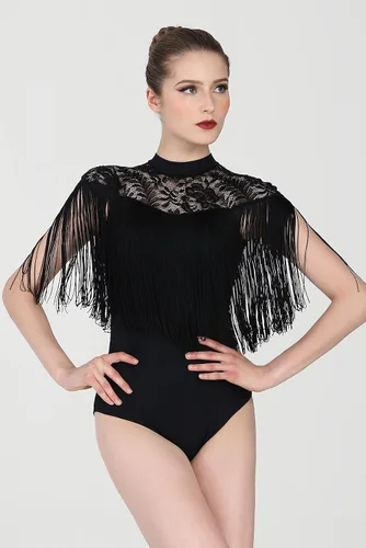 Vista 3 de Maillot de rendimiento con flecos para mujer, Sofia - Leotardo negro con flecos y canesú de encaje elástico