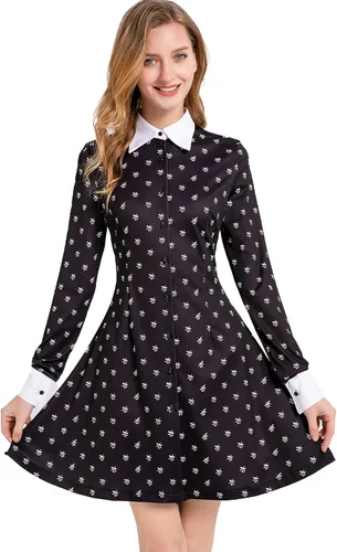 Vista 3 de Vestido de manga larga con cuello Peter Pan para mujer, lindo ajuste y acampanado
