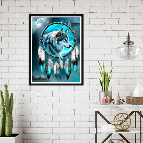 Vista 4 de Wergund - Kits de pintura de diamantes para atrapasueños de lobo, kits de pintura de diamantes para adultos y niños, bordado de diamantes