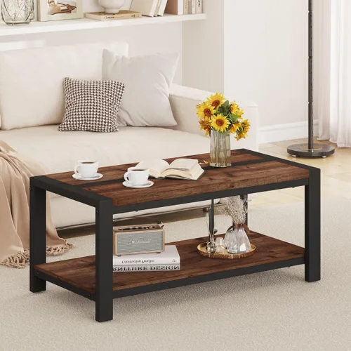 Vista 7 de BON AUGURE Mesa auxiliar para sala de estar, mesas industriales de madera y metal, mesa central rectangular de granja (roble rústico, 43 pulgadas)