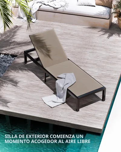 Vista 3 de Tumbona de aluminio para patio al aire libre con ruedas, color Caqui
