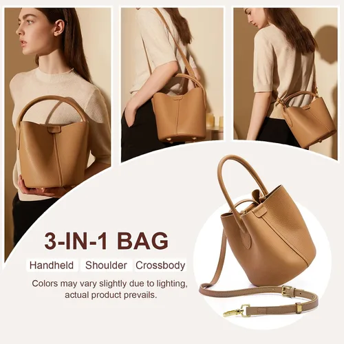 Vista 2 de Bolsos de cubo para mujer, bolsos cruzados de cuero auténtico, carteras con asa superior y correa ajustable