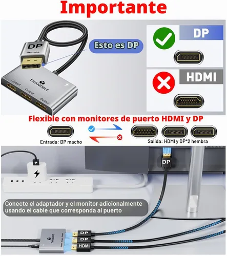 Vista 2 de DisplayPort a Dual DisplayPort con adaptador HDMI 4K a 60Hz, pantalla extendida 1 en 3 salidas MST Hub para múltiples monitores compatible con PC