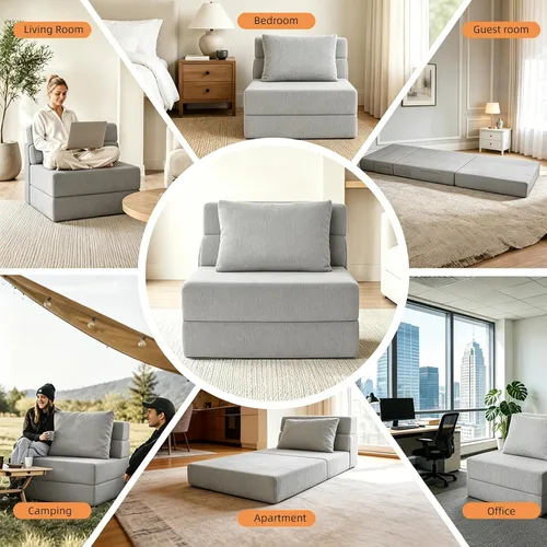 Vista 6 de Sofá cama plegable, silla convertible con almohada Gris claro