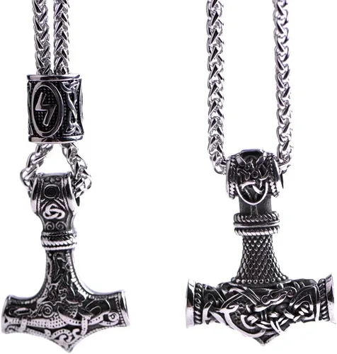 Vista 8 de Collar de martillo de Thor vikingo nórdico Mjolnir para hombre, joyería de talismán