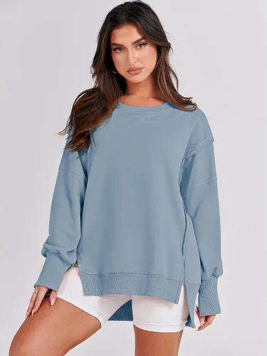 Vista 2 de ANRABESS Sudadera de gran tamaño para mujer, cuello redondo, manga larga, casual, con abertura, para otoño de 2024, ropa de preparación