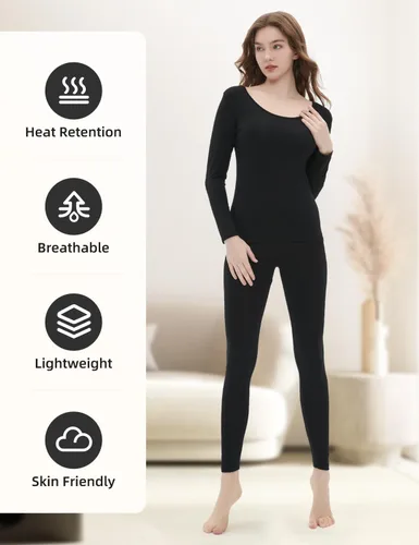 Vista 6 de Ropa interior térmica fina para mujer, conjunto de pantalones largos de cuello redondo, capa base