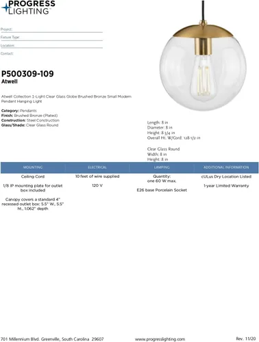 Vista 13 de Progress Lighting Atwell Collection - Lámpara colgante colgante moderna con forma de globo de cristal transparente de bronce cepillado