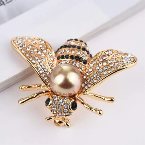 Vista 3 de HSQYJ - Broche de abeja con diseño de cristal, broche de animal de moda, perla, color dorado.