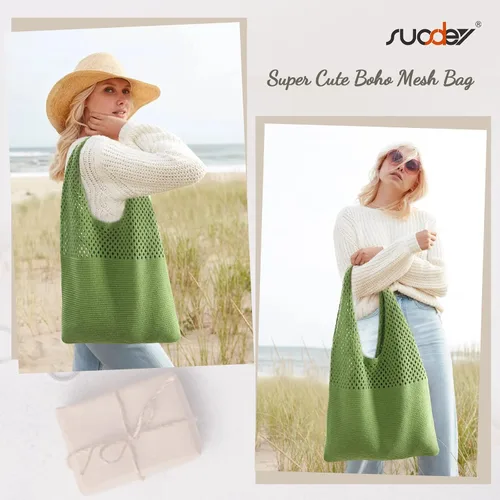 Vista 2 de SUOSDEY Crochet Mesh Beach Tote Bag, Knit Summer Vacation Aesthetic Boho Tote Bag for Women