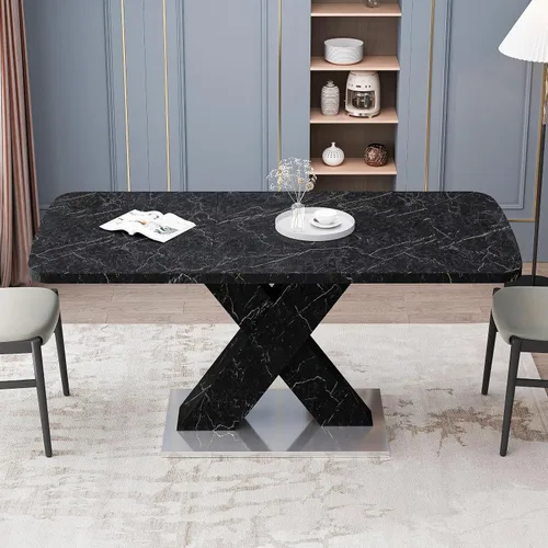 Vista 3 de Mesa de comedor cuadrada moderna, de 47.24 a 62.99 pulgadas de largo, elástica, con estampado de mármol negro + patas de mesa en forma de X de MDF