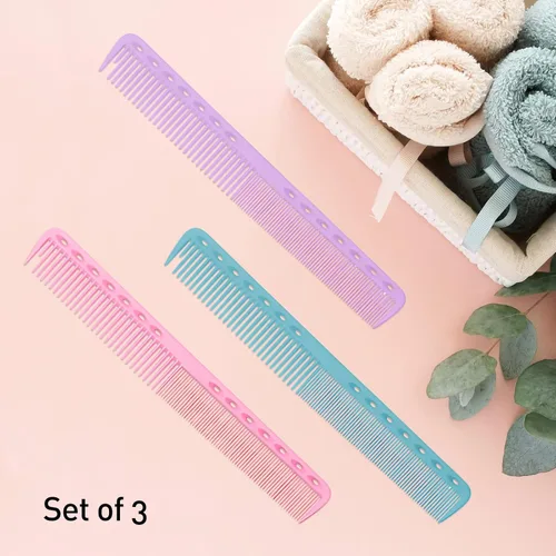 Vista 5 de Juego de 3 peines de peluquería de fibra de carbono para hombres y mujeres, peine de corte fino (rosa, azul, morado)