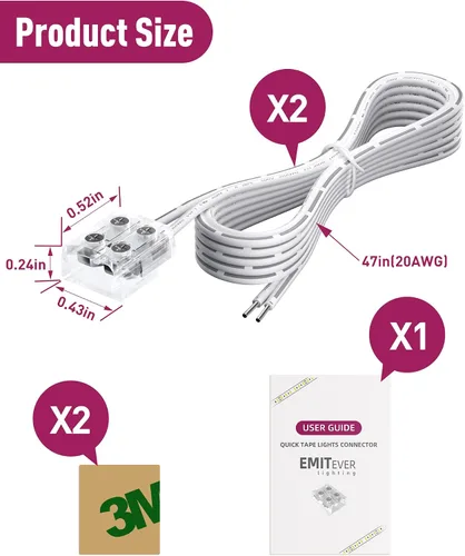Vista 7 de EMITEVER - Paquete de 2 conectores de tira LED, extensión sin soldadura de 2 pines para luz de 0.315 in works with 5V/12V/24V LED strip