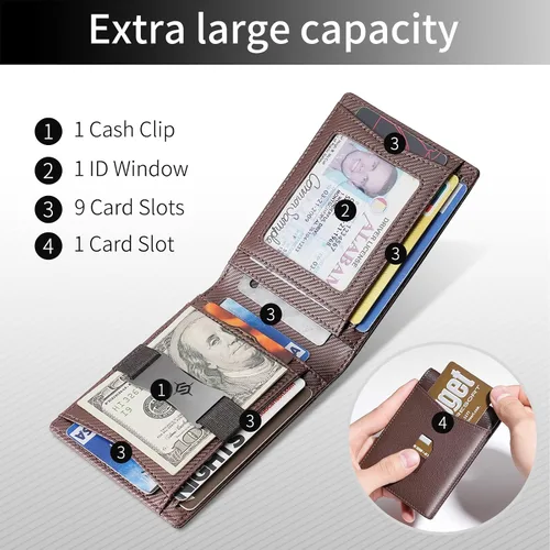 Vista 2 de SHOUCANGAR Cartera para hombre Cartera con bloqueo RFID para hombre con bolsillo frontal Carteras pequeñas con correa de efectivo (marrón)