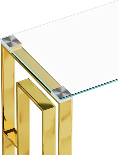 Vista 5 de SSLine Mesa consola de vidrio templado, mesa de sofá de cristal transparente con marco de acero inoxidable, mesas de entrada doradas para pasillo