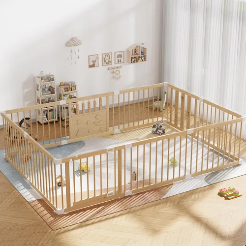Vista 10 de Parque infantil de madera para bebés con puerta de seguridad, patio grande de 64 "x 64" para bebés Natural Pine Wood Playpen with Built-in Toys