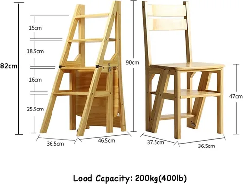 Vista 2 de JHome Taburetes elevadores de escalera de 4 escalones, madera maciza, escalera plegable transformable para el hogar, cocina, silla plegable de doble
