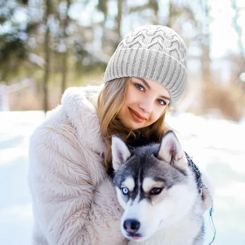 Vista 4 de FXIONA Gorro de punto para mujer, gorro de invierno para mujer, suave, elástico, cálido, con puños, para esquí, patinaje