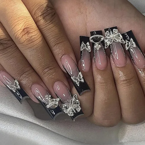 Vista 10 de Uñas postizas a presión con punta francesa cuadrada larga con arco 3D, diseños de línea de copo de nieve, uñas de invierno, uñas a presión