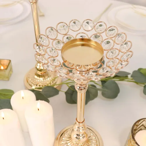 Vista 9 de Efavormart - Juego de 3 portavelas votivas con cuentas de cristal de metal dorado, soportes para velas de té, 11 pulgadas, 13 pulgadas, 15 pulgadas