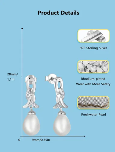 Vista 3 de Pearl Teardrop Earrings for Wedding Bridal 925 Sterling Silver with Freshwater Pearls Dangle Earrings for Women Perfect for Holiday Gifts