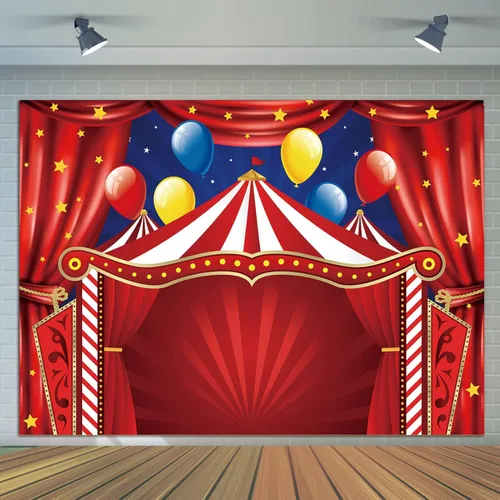 Vista 3 de Qian Cortina de telón de fondo de carnaval de circo rojo con estrellas, fondo de fotos de 7 x 5 pies, suministros para baby shower de recién