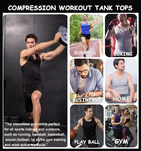 Vista 6 de Paquete de 13 camisetas de compresión atléticas para hombre, camiseta sin mangas de ajuste seco, camiseta deportiva para correr, gimnasio, camisetas