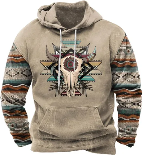 Vista 6 de HOTYD Western Cowboy Hooded Sweatshirt Vintage Aztec Pullover Men Casual Long Sleeve Drawstring Hoodies with Pocket