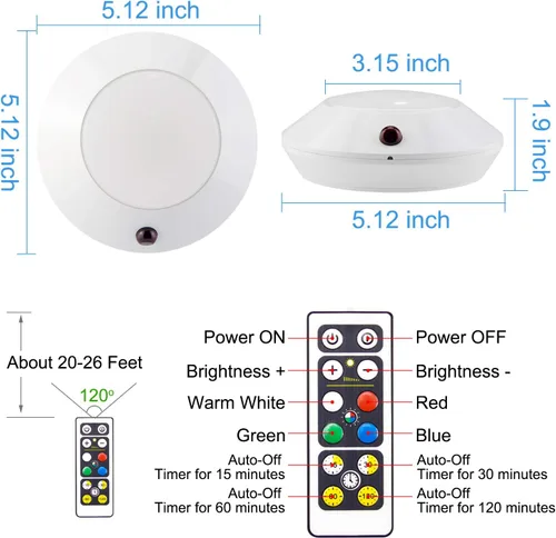 Vista 6 de BIGLIGHT Luz de techo que cambia de color, funciona con pilas, luz de ducha regulable con temporizador, luz de disco inalámbrica para interiores