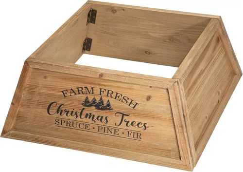 Vista 8 de Glitzhome Collar de Árbol Trapezoidal de Madera Natural de 26" L, Cubierta Rústica para Base de Árboles de Navidad, Anillo de Árbol Fresco