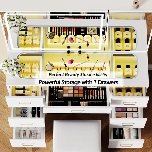 Vista 5 de Escritorio de tocador con espejo iluminado grande, tocador de maquillaje con parte superior de cristal, 7 cajones y brillo ajustable, mesa
