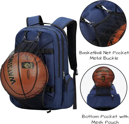 Vista 7 de Mochila para monopatín, baloncesto, béisbol, fútbol, rugby, balón de fútbol, multifunción, resistente al agua, con puerto USB, red de baloncesto, se