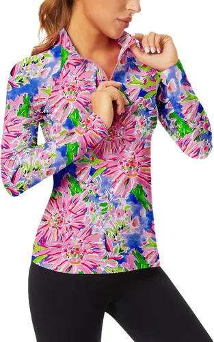 Vista 16 de WOWENY - Camiseta de manga larga con cremallera de 1/4 para mujer, con cuello, para hacer deporte, con estampado, para tenis Hoja multicolor.