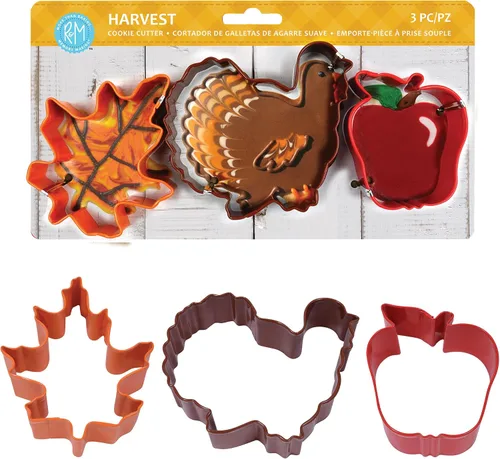 Vista 2 de R&M Harvest - Cortador de galletas de Acción de Gracias de 3 piezas, incluye hoja de otoño, pavo de Acción de Gracias, manzana. Recubierto