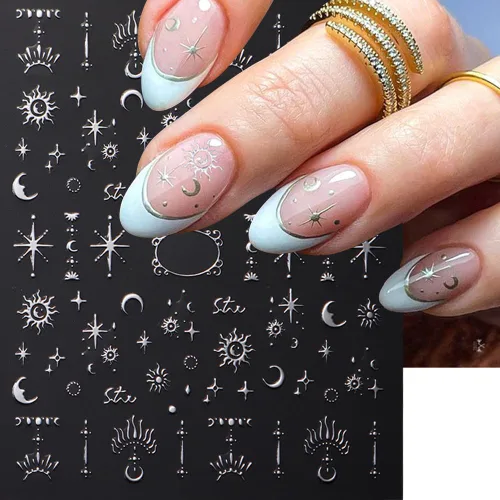 Vista 7 de Calcomanías de uñas metálicas plateadas 3D – Calcomanías de uñas para mujer, diseño de estrellas, luna y sol, decoración de mariposas y bohemio