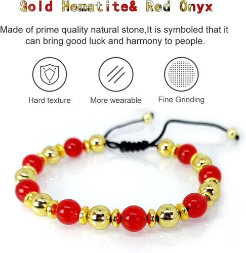 Vista 4 de Pulsera de triple protección trae felicidad, buena suerte, relación de protección para amigos, familia, ónix rojo, dorado, pulsera de hematita