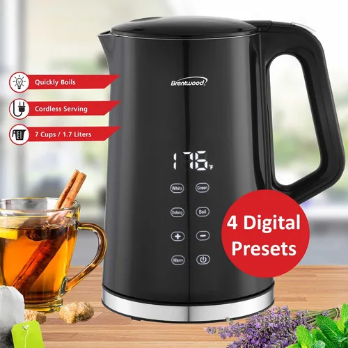 Vista 8 de Brentwood Hervidor digital inalámbrico Cool Touch de 1100 W y 1.7 L con interior de acero inoxidable, control de temperatura con 4 preajustes, base