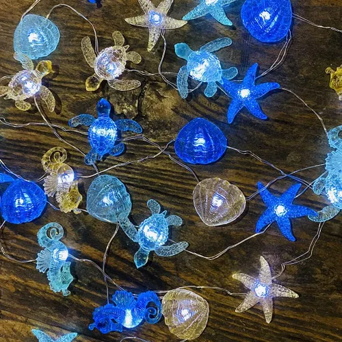 Vista 3 de Guirnalda de luces con temática del océano, luz nocturna de vida marina, decoración de playa, tortuga de mar, caballito de mar, almeja, luces
