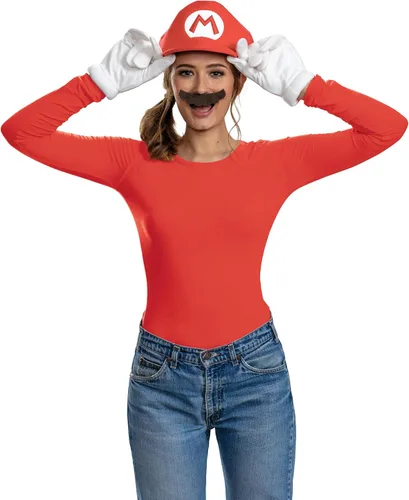 Vista 5 de Disguise Kit de accesorios de disfraz de Mario para adulto, disfraz oficial de Super Mario con sombrero y bigote, talla única para adultos