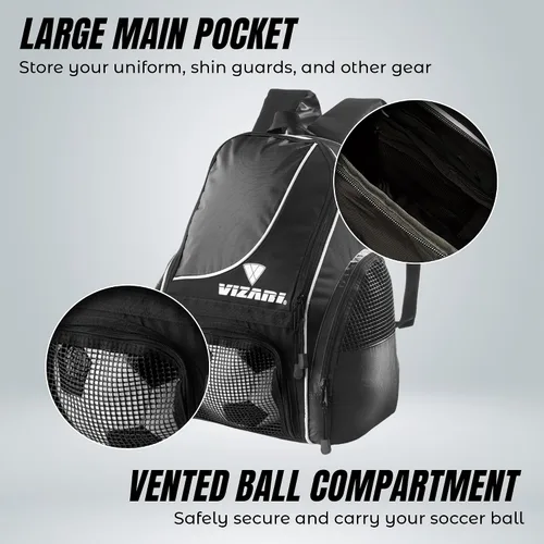 Vista 5 de Mochila de fútbol Solano de Vizari con compartimento para balón, bolsillo ventilado para balón y bolsillos de carga laterales de malla para adultos