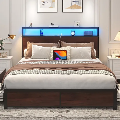 Vista 3 de Lifezone Base de cama Queen con cabecera de almacenamiento de 2 niveles, base de cama de plataforma de metal con 4 cajones de almacenamiento, Marrón
