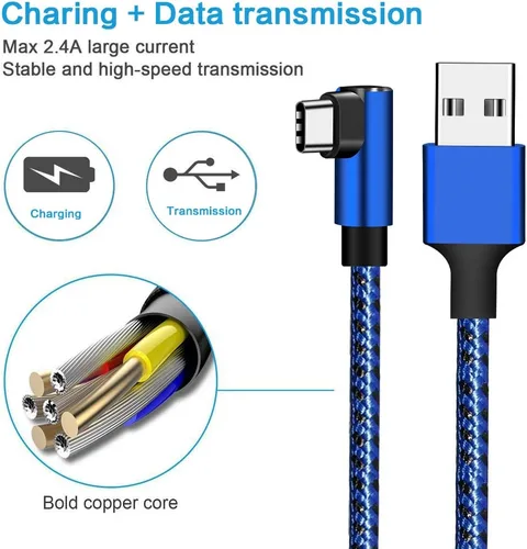 Vista 3 de Cable USB tipo C de ángulo recto extralargo (paquete de 2 unidades de 10 pies), cargador rápido USB A a USB C, cable trenzado de nailon para Samsung