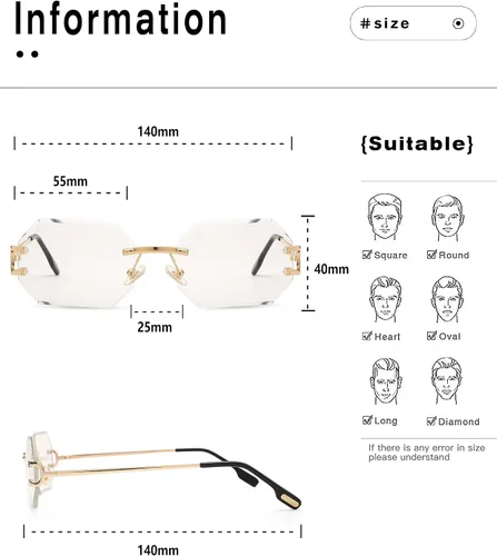 Vista 4 de Pro Acme Lentes de sol octágonos sin marco, de sombra rectangular, sin marco, para hombres y mujeres, lentes de moda teñidos
