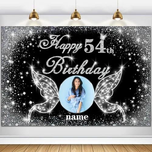 Vista 92 de Cartel personalizado de decoración de fiesta de cumpleaños número 100 - tema de alas de ángel - negro y plateado HY-NLK-100º