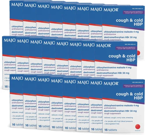 Vista 10 de Tabletas Major para la Tos y el Resfriado HBP - Antihistamínico y Supresor de la Tos para Personas con Presión Arterial Alta - Dextrometorfano HBr